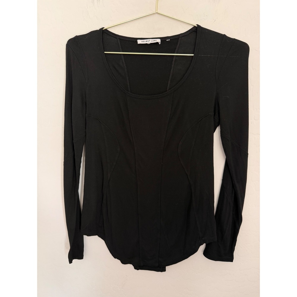 Helmut Lang Black Long Sleeve Paneled Scoop Neck Avant Garde Top Size Medium